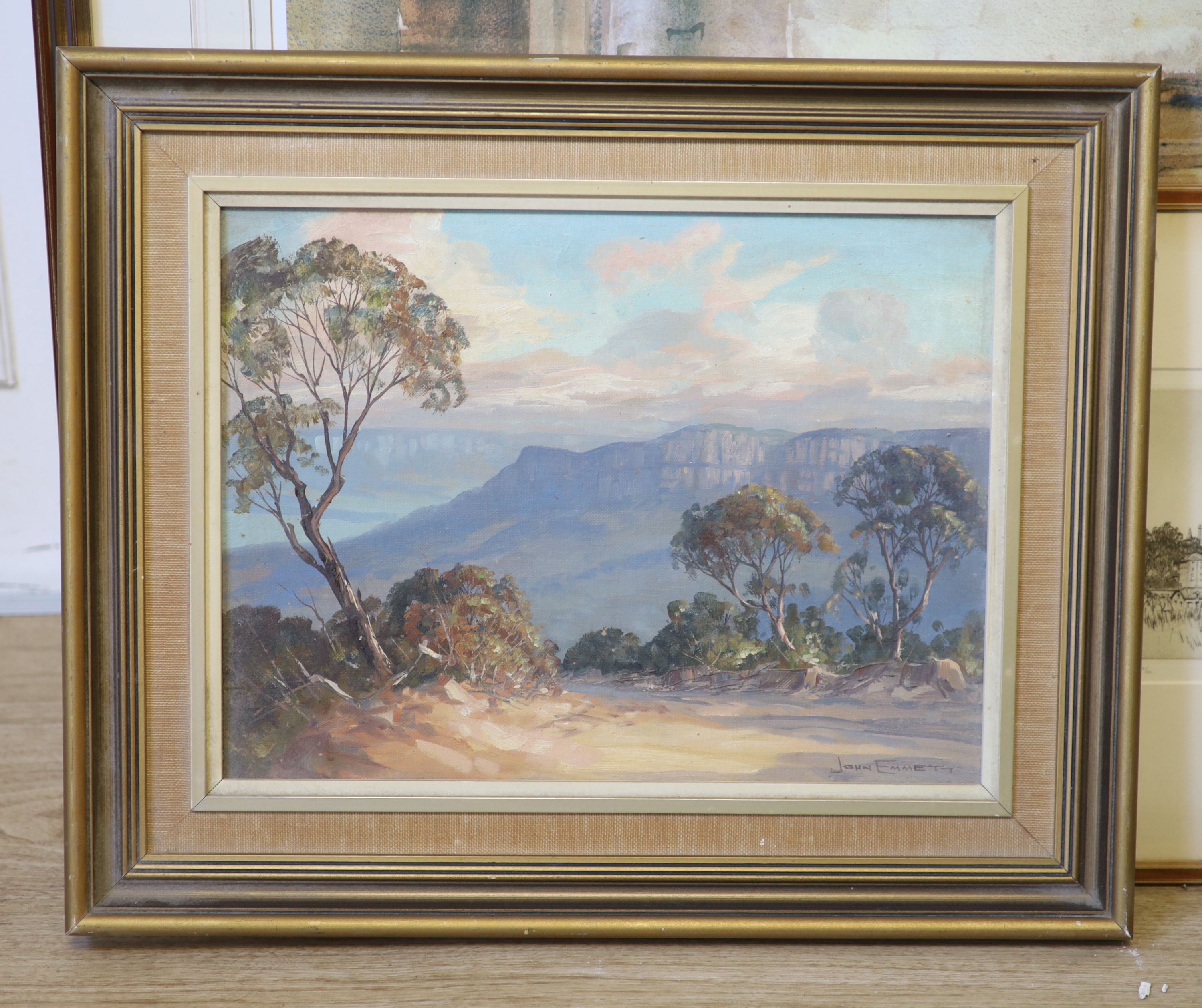 John Emmett (1927-),oil on canvas board, Evening clouds over Mount Solitary from Katoomba, signed, 29 x 39cm